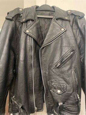 Men's Black Leather Bomber Jacket with Zip Pockets - Unbranded
